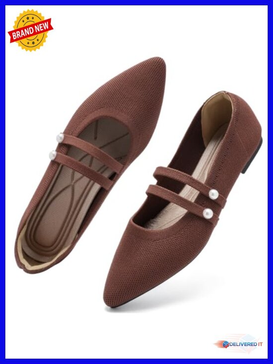 Shoes - Knit Pointed Toe Mary Jane Flats with Double Strap - Breathable Comfort Memory